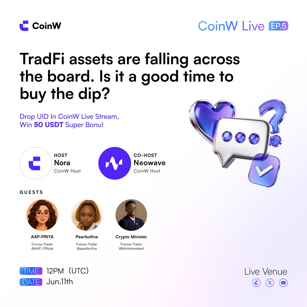 CoinWOfficial's tweet photo. 🎙️ #TradFi assets are falling across the board. Is it a good time to buy the dip? Join the CoinW Live stream and let's analyze market trends together.
 
🥳 Joining @A4P_Official, @pearllsofine, @Ministerwakeel

🎁 Drop UID in live chat, win $50 super bonus each!

🍿 Tune in: https://t.co/VENIhJrSzp