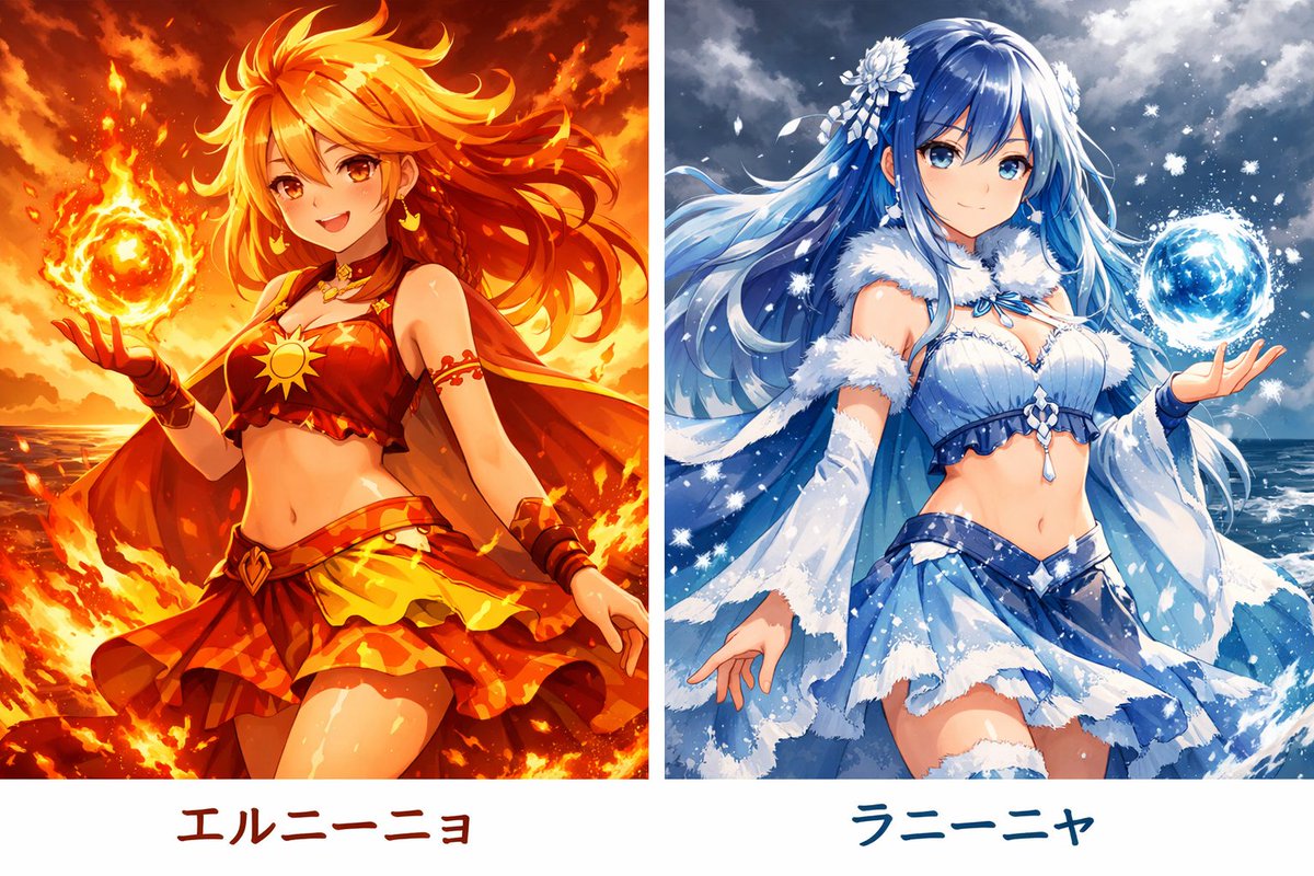 HN__P's tweet photo. 今年はエルニーニョが発生しているみたいですね。ということでチャッピーにそれぞれキャラ化してもらいました。
これでどっちがどういう性質か覚えやすいかも！？

ラニーニャちゃんかわいい https://t.co/O7VHXYYnN9