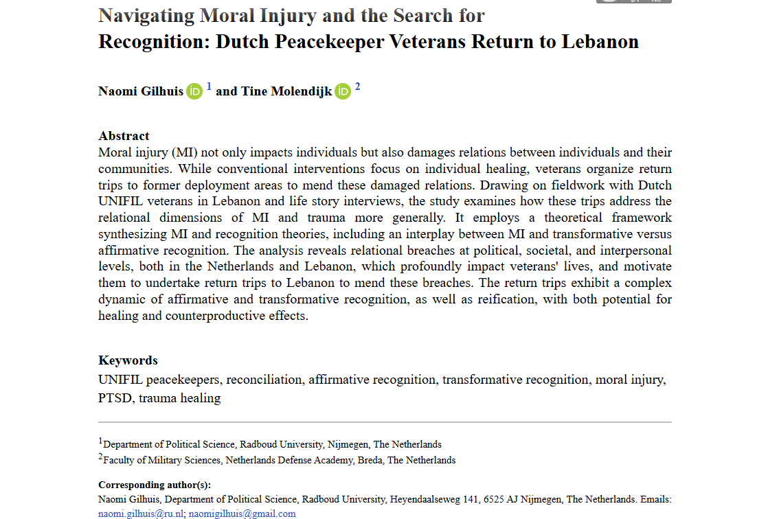 AFS_SAGE's tweet photo. Check out this article from our #NewIssue! Navigating Moral Injury and the Search for Recognition: Dutch Peacekeeper Veterans Return to Lebanon - Naomi Gilhuis, Tine Molendijk #OpenAccess https://t.co/TMbjbeB0HB https://t.co/ZuEARfqWiJ