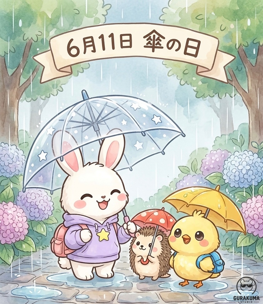 Gurakuma_Studio's tweet photo. 今日は「傘の日」
お気に入りの傘と一緒なら、雨の日のお散歩も、ちょっと特別な時間に。
みんなはどんな傘がお気に入り？

#傘の日 #6月11日 #梅雨の楽しみ #雨の日も楽しく #あじさい https://t.co/kVSTOcpsjv