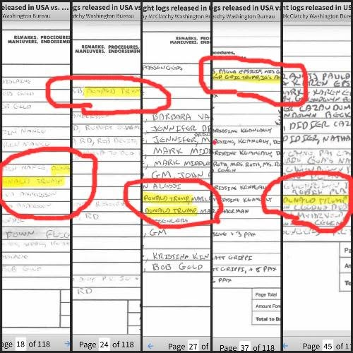 JamesTate121's tweet photo. For the MAGA in the backrow. I circled Donald Trump's name where it appears on Epstein's flight list. https://t.co/7V6OnfQ6gW