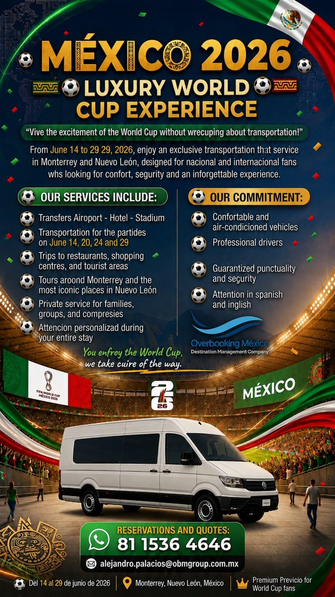 Alejandro_Pala1's tweet photo. ⚽🌎 WORLD CUP 2026 TRANSPORTATION SERVICE | MONTERREY, MEXICO 🌎⚽

Experience the excitement of the FIFA World Cup 2026 without worrying about transportation!

Get a quote by sending a DM
#wordcup2026 #kpop #shuttle #tunez #Suecia #japon #Monterrey #México #일상 https://t.co/ixj3ZolIt0