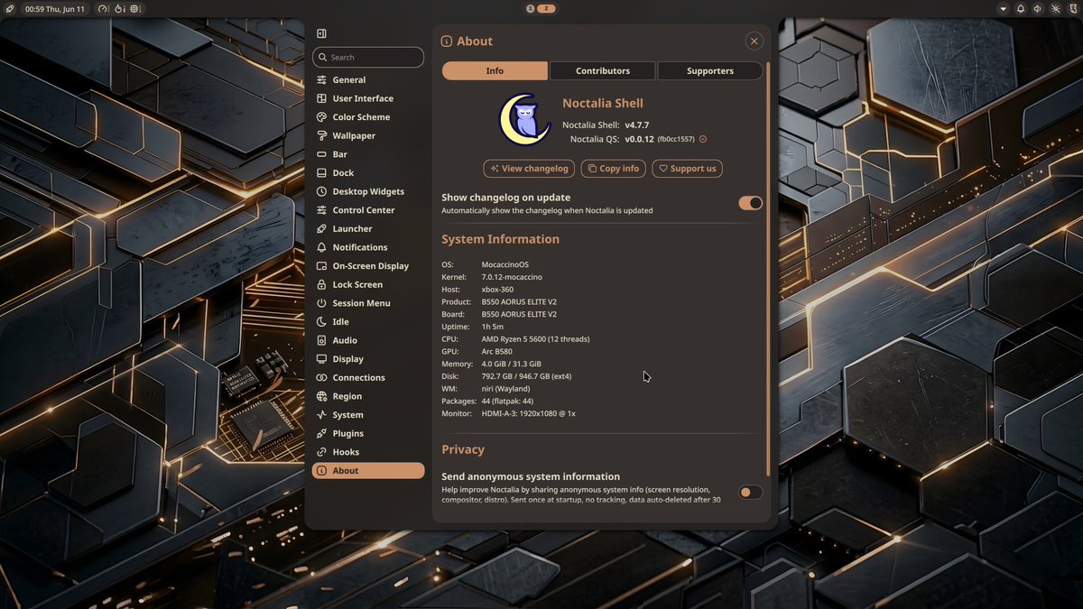 JoostRuis's tweet photo. Getting #niri and #noctalia in shape. Had to fork and fix an ebuild but it is looking great! #MocaccinoOS #Linux https://t.co/tUYtSQbcPv
