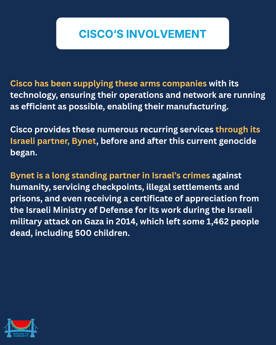 Bridge2Humanity's tweet photo. Recent reporting reveals how #Cisco has continued to sell its technology to the Israeli arms industry. Without an running operation for their network, these arms companies would not be able to carry out their manufacturing of the missiles, drones, military vehiclea etc #DumpCisco https://t.co/yx4A3UaJ5o