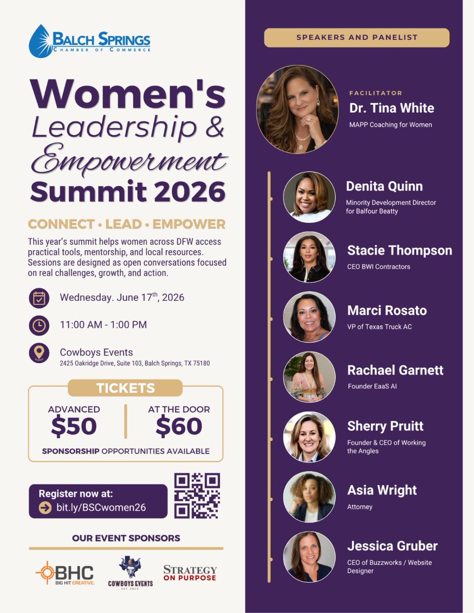 Jesushealer's tweet photo. Women’s Leadership &amp; Empowerment Summit 2026
📅 Wednesday, June 17, 2026
⏰ 11:00 AM – 1:00 PM
📍 Cowboys Events Center
2425 Oakridge Drive, Suite 103
Balch Springs, TX 75180
🎟️ Tickets:
$50 Advance | $60 At The Door

Balch Springs Chamber of Commerce https://t.co/kesqlb5eSR