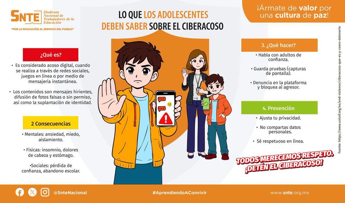 optisnte's tweet photo. Á𝐫𝐦𝐚𝐭𝐞 𝐝𝐞 𝙫𝐚𝐥𝐨𝐫, 𝐩𝐨𝐫 𝐮𝐧𝐚 𝐜𝐮𝐥𝐭𝐮𝐫𝐚 𝐝𝐞 𝐩𝐚𝐳

📚👩🏻‍🏫👨🏻‍🏫Educar también es proteger. 🚫 Promueve respeto en línea, escucha a tus alumnos y denuncia el ciberacoso. 💪 La escuela es un espacio seguro.

#AprendiendoAConvivir https://t.co/qIhZoHXsFO