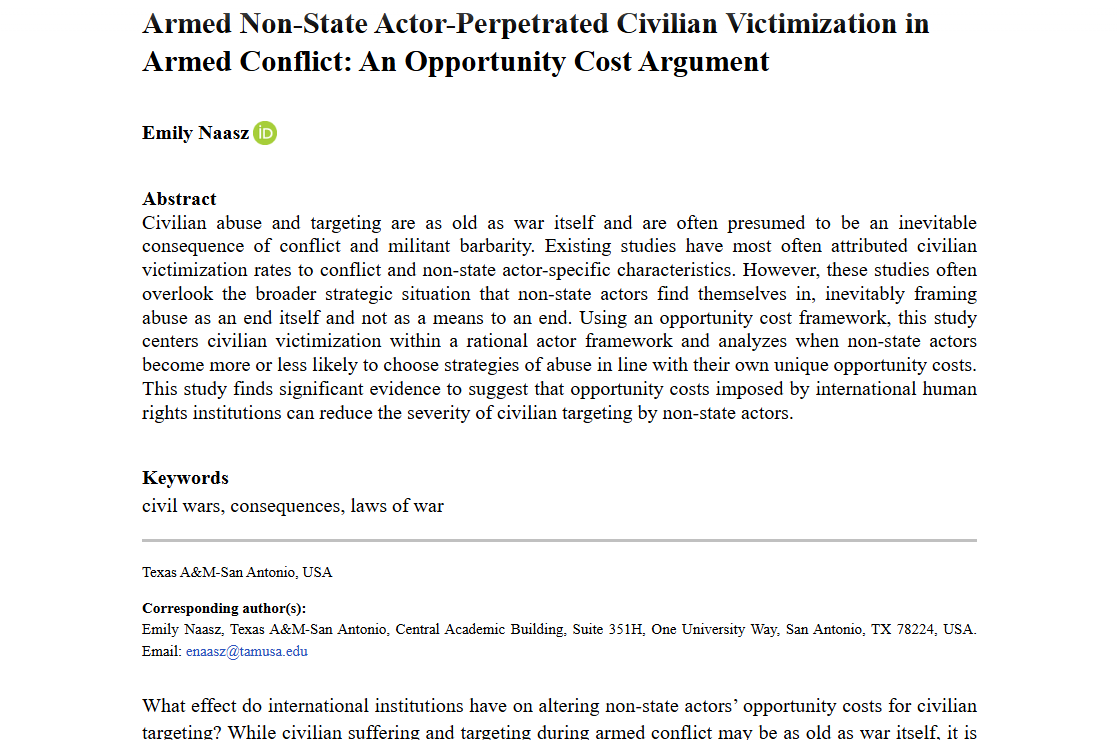 AFS_SAGE's tweet photo. Check out this article from our #NewIssue! Armed Non-State Actor-Perpetrated Civilian Victimization in Armed Conflict: An Opportunity Cost Argument - Emily Naasz https://t.co/Z2bX9jM5kc https://t.co/OFDzqh4FtS