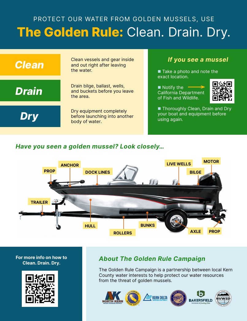 CountyofKern's tweet photo. Protect our water from golden mussels! This summer, remember The GOLDEN RULE: Clean. Drain. Dry.
Golden mussels are a damaging invasive species that can spread by hitching rides on boats and other personal watercraft. Learn more at https://t.co/ssDCyVk7Jg https://t.co/DTWVtyleYC