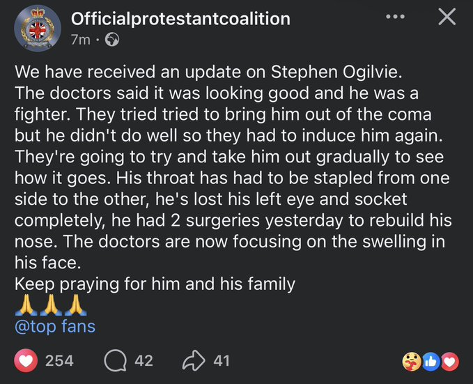 Alexandr4Denman's tweet photo. An update on Stephen Ogilyie who was brutally attacked and nearly lost his life to a savage foreigner , he's  fighting hard bless his heart , so we all need to keep sending prayers and our strongest good healing thoughts his way 
AND NEVER FORGET , NEVER FORGIVE 
This government did this to him ultimately in giving that animal and many others a visa to be allowed here then N. Ireland where he carried out what he did to that poor innocent helpless man !