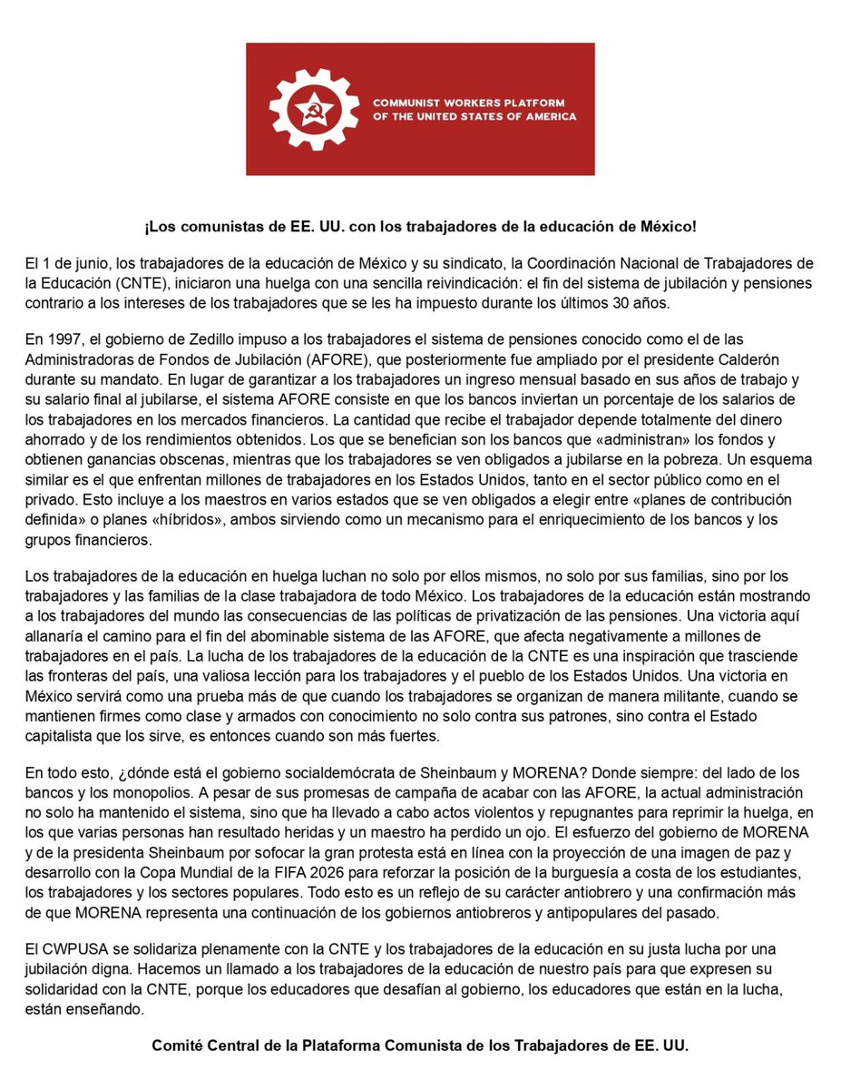 comunistamexico's tweet photo. Solidaridad de la Plataforma Comunista de los Trabajadores de EEUU ( @cwp_us)con la huelga de los trabajadores de la educación y con la CNTE https://t.co/621KtQfikt