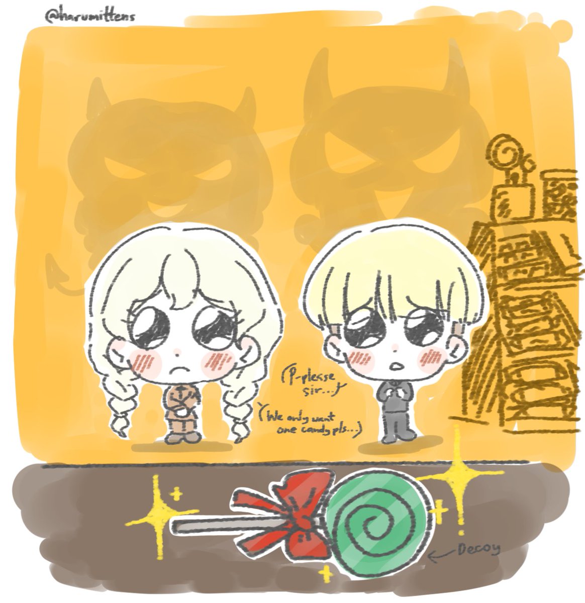 harumittens's tweet photo. POV: Your candy store about to get robbed by two (evil) kids Ψ(`▽´)Ψ
#ninjago #ninjagofanart #llorumi #harumi #Lloyd https://t.co/GQs5NEeu6N