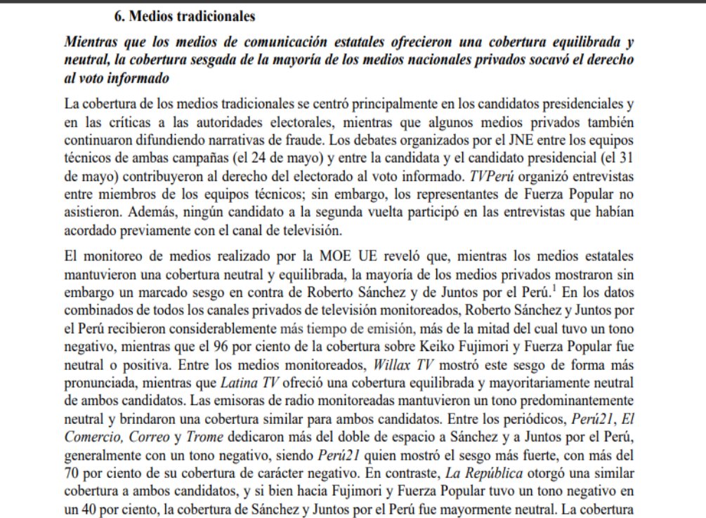 epatriau's tweet photo. La declaración preliminar de la misión de observación de la Unión Europea incluye un apartado sobre el comportamiento de los medios de comunicación nacionales en la segunda vuelta. Muy parecido a lo que ocurrió en el 2021. Lo pueden revisar acá: https://t.co/VY5GZM6GRb https://t.co/zgUpnJSuHD