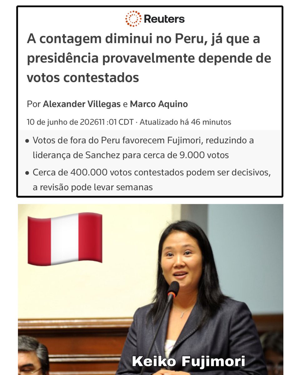 BolsonaroSP's tweet photo. 🇵🇪 PERU: CONTAGEM DE VOTOS PARA PRESIDENTE MANTÉM EM ABERTA DECISÃO

Eleições ocorreram em 7/JUN e hoje, 10/JUN, já foram apurados 97,90% dos votos.

🔴Sanchez (esq.) 50,025%
🔵 @KeikoFujimori (dir.)  49,975%
*Diferença de 0,05% (9.000 votos)

Porém, os votos do exterior favorecem a Keiko: 63%.

Há 400.000 votos contestados que o TSE peruano vai avaliar.

Alguns institutos indicam virada de Keiko, mas disputa segue aberta. Este processo pode levar semanas.

Boa sorte, Keiko Fujimori. Por uma América Latina livre do modelo empobrecedor socialista que comumente conta com o apoio dos narcoterroristas.