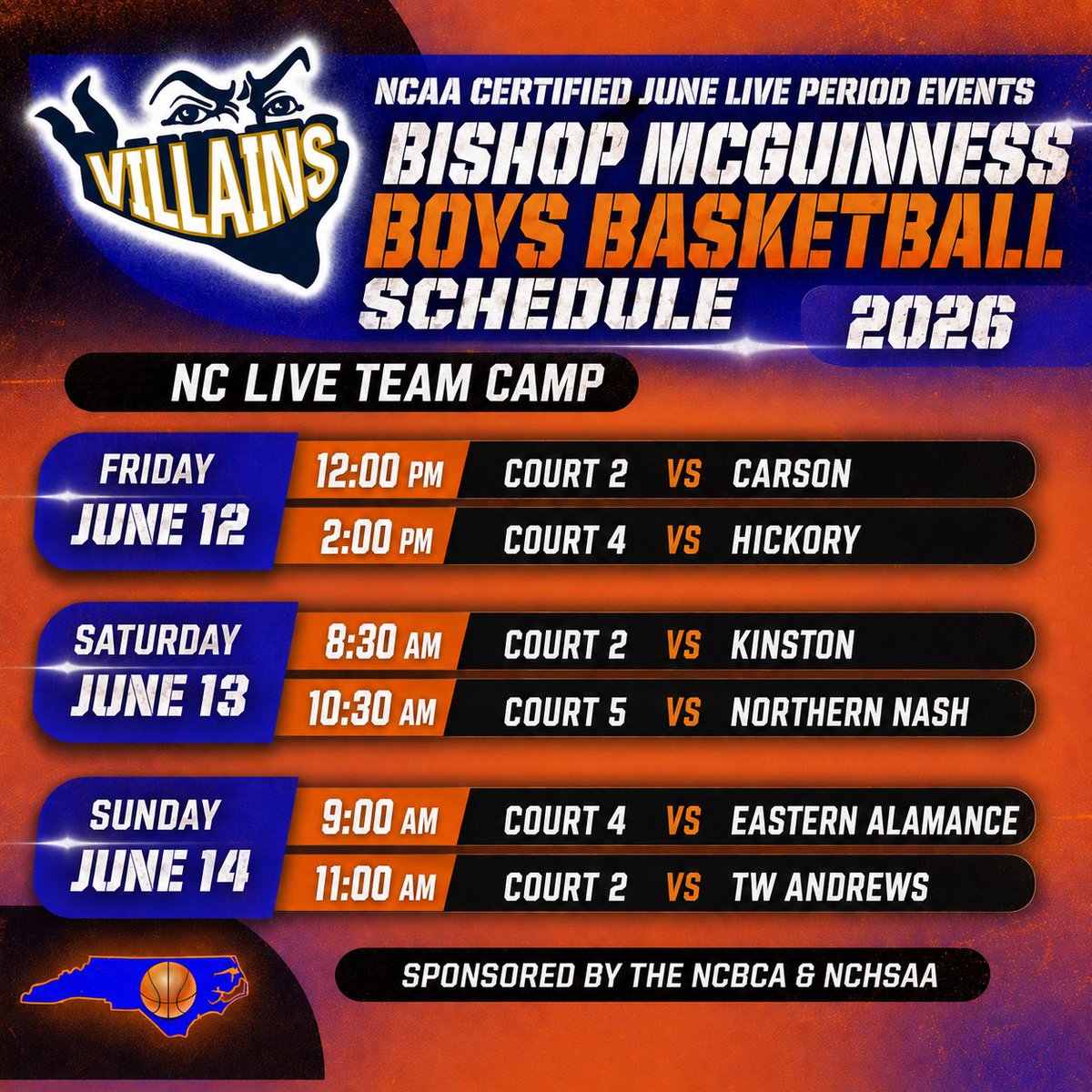 VillainsMBB's tweet photo. 🏀🚨‼️Coaches, come see the VILLAINS at the NC LIVE team camp!!!🏀🚨‼️

June 12, 13, &amp; 14
RISE Indoor Sports
419 Twins Way
Bermuda Run, NC 27006

#AlwaysBishop https://t.co/1VRrOktdSD