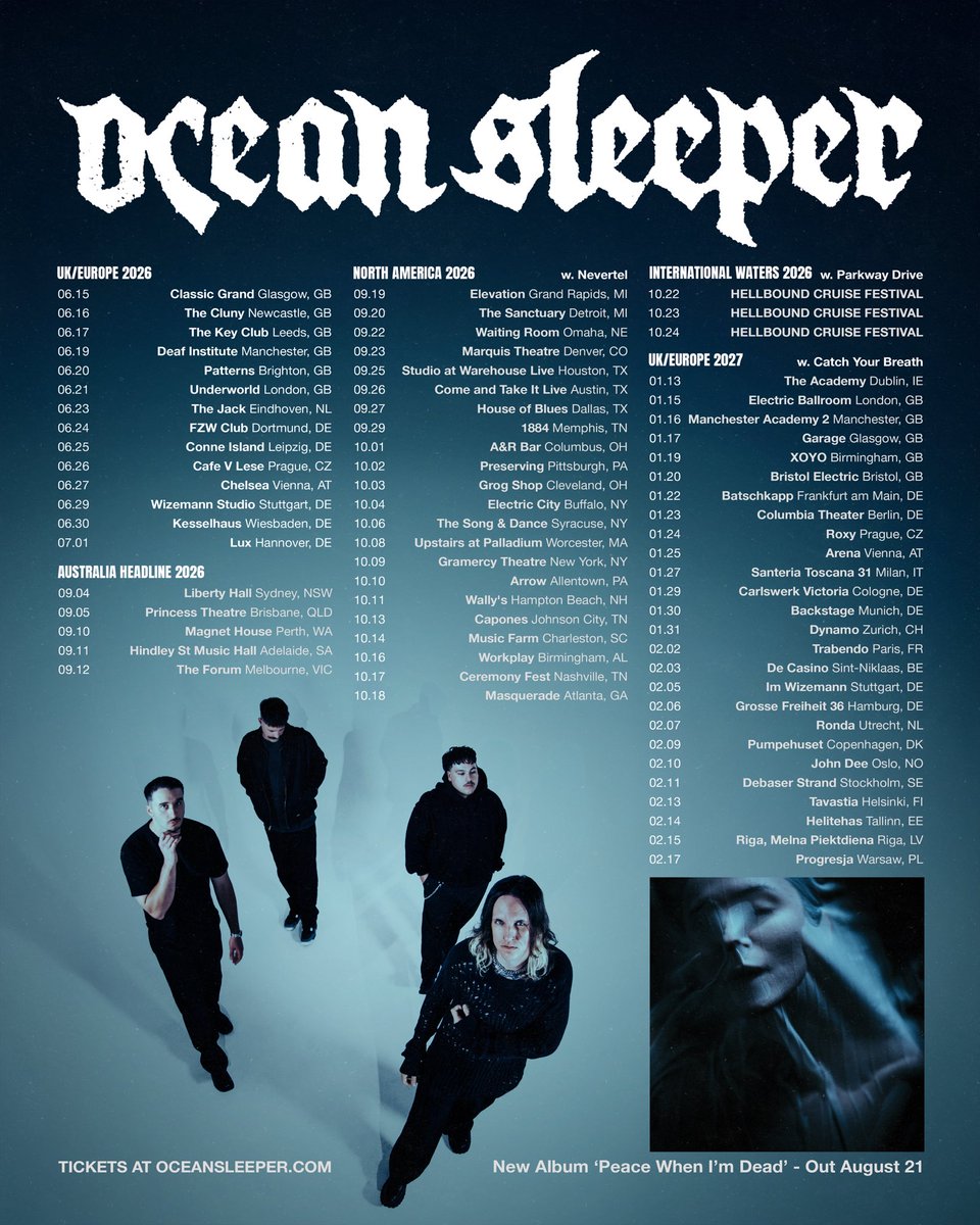 oceansleeperau's tweet photo. We are incredibly proud to announce our second album ‘Peace When I’m Dead’ is out August 21 2026 🖤

Pre order here: https://t.co/bbE3pJDBWQ

all exclusive merch items including limited vinyl variants are available for pre order now. 

Touring UK, EU, AUS, USA ❤️ https://t.co/XzGMDiWK1x