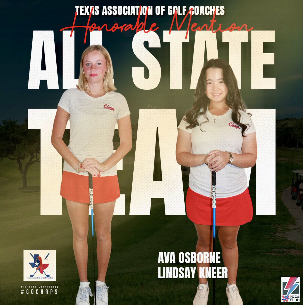 Westlake_Nation's tweet photo. The Texas Association of Golf Coaches selected Ava Osborne and Lindsay Kneer as Honorable Mentions to the 6A All-State Team. Congratulations, Ava and Lindsay. #GoChaps

TAGC ALL-STATE Honorable Mention 
Ava Osborne
Lindsay Kneer https://t.co/Z7PBGyA8dH