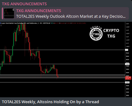 SakisWeb3's tweet photo. #TOTAL2ES is looking bearish on the weekly timeframe, and will likely loose the strong support zone!

This is a chart most people do not track, and it's one of the most important ones to keep an eye on when holding #Altcoins long term!

Will this support area break and send the market lower or hold again?