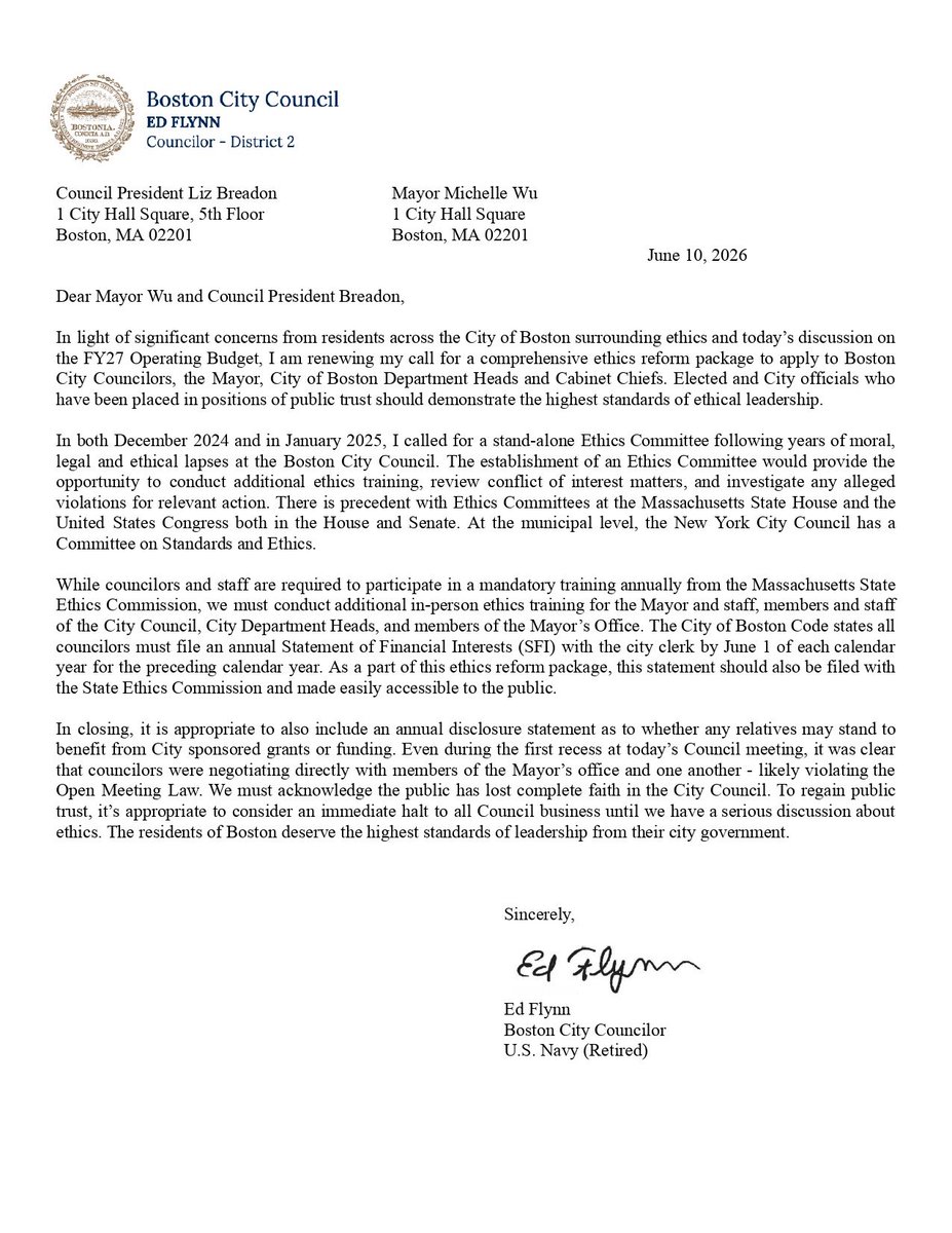 EdforBoston's tweet photo. We must acknowledge the public has lost faith in @BOSCityCouncil. To regain public trust, we must implement an immediate halt to all council business until we have a serious discussion about ethics. Boston residents deserve the highest standards of leadership from city officials! https://t.co/BHnypHxac0