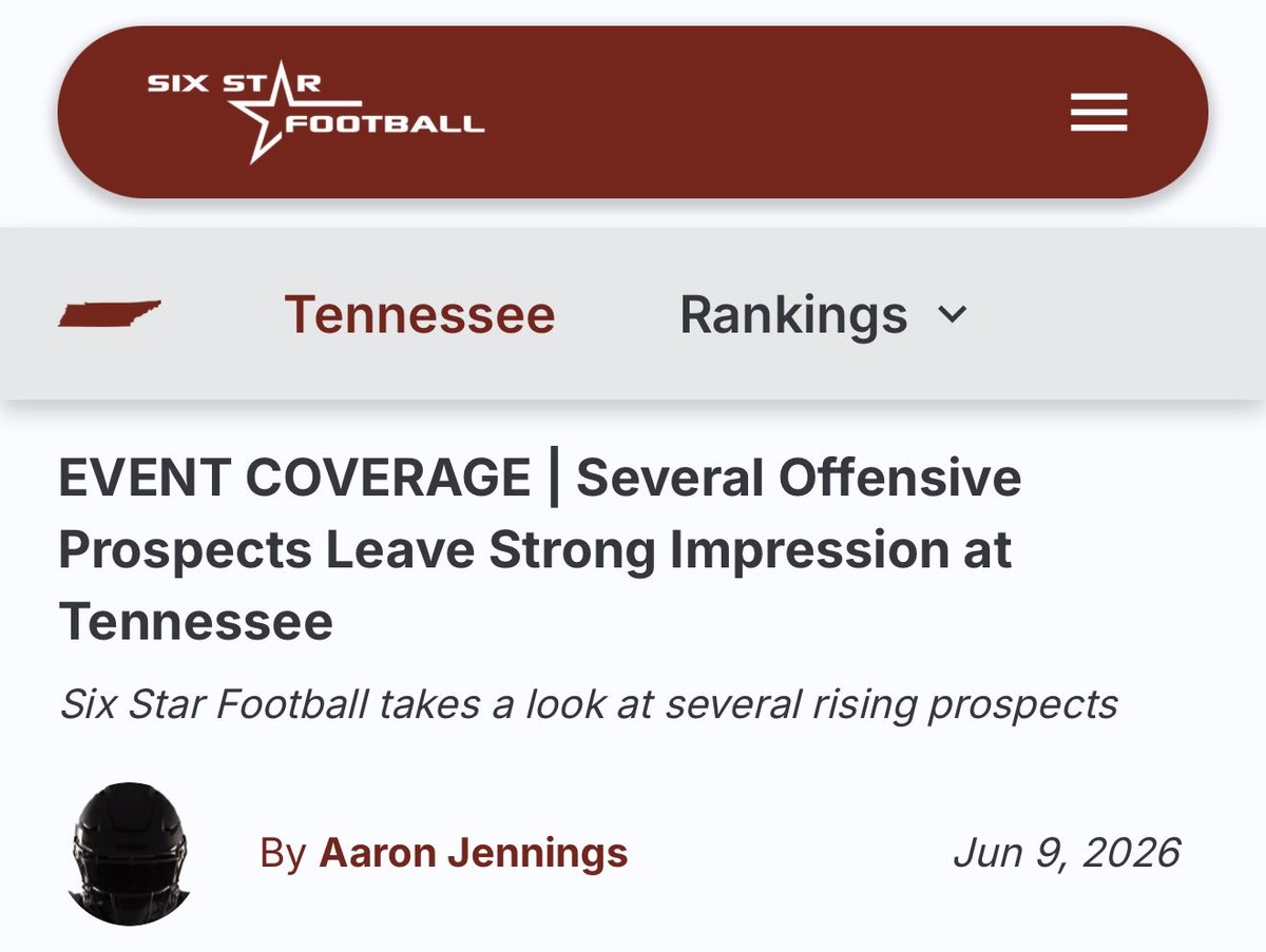 JakeRogers3X's tweet photo. Thank you @sixstarfootball for the write up!! And thank you @Vol_Football and @Gelarbee for the chance to compete and improve my craft at the Tennessee Prospect Camp!! @webb_knoxFB @CSmithScout https://t.co/NpmGsr0sKg