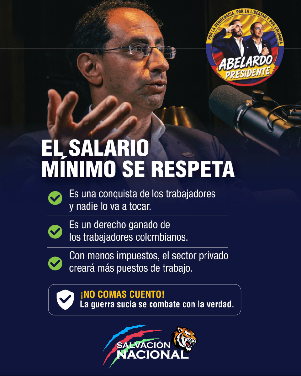 MovSalvacionNal's tweet photo. ❌¡NO COMAS CUENTO!

Nadie está proponiendo acabar con el salario mínimo. Es un derecho de los trabajadores y debe respetarse.

La verdadera discusión es cómo generar más empleo, más empresa y más oportunidades para que los colombianos prosperen. https://t.co/u4nDKB7xzE