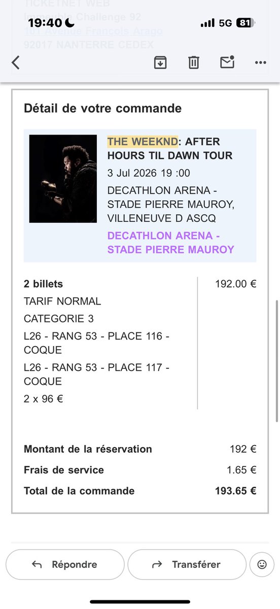 LTfc31's tweet photo. Bonjour à tous, je vends 2 places en CAT3 pour le concert de The Weeknd à Lille le 3 Juillet 2026.
Prix achat: 193,65€
Prix vente: 193,65 €
DM. https://t.co/In4kUPV1sO