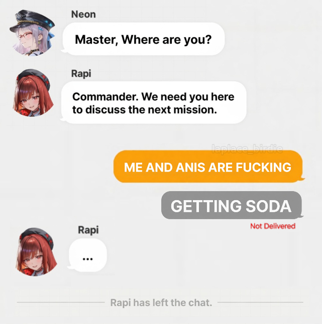 laplace_birdie's tweet photo. uh oh, commander... this doesn't look good.

how are you going to explain this to rapi? https://t.co/mnnt3Qp1s2
