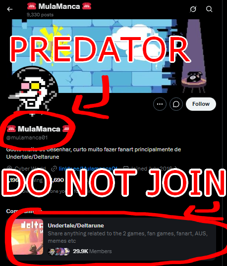 cassidyslexic's tweet photo. Now that the new Deltarune chapters were announced I should remind that the owner of the "Undertale/Deltarune" community is a predator and to leave and give awareness.

The second screenshot is just a snippet, mores in @UTDRBurner pinned tweet. https://t.co/pF2euSHfeM