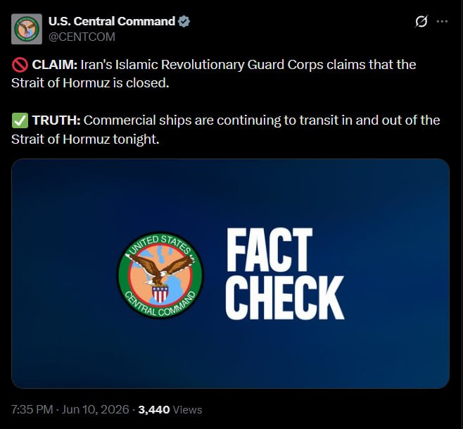 MarioNawfal's tweet photo. 🚨🇺🇸🇮🇷 CENTCOM is shooting down Iran's claims in real time: no warship hit, no strait closed.

-CENTCOM flatly denied Iranian media reports that a U.S. warship was struck in the Strait of Hormuz, labeling the claim FALSE

-It also denied Iran's announcement that the strait has been closed

-Iran's Khatam al-Anbiya had declared a full closure just hours ago, with the IRGC claiming its naval fire "shocked" American forces

Source: @CENTCOM