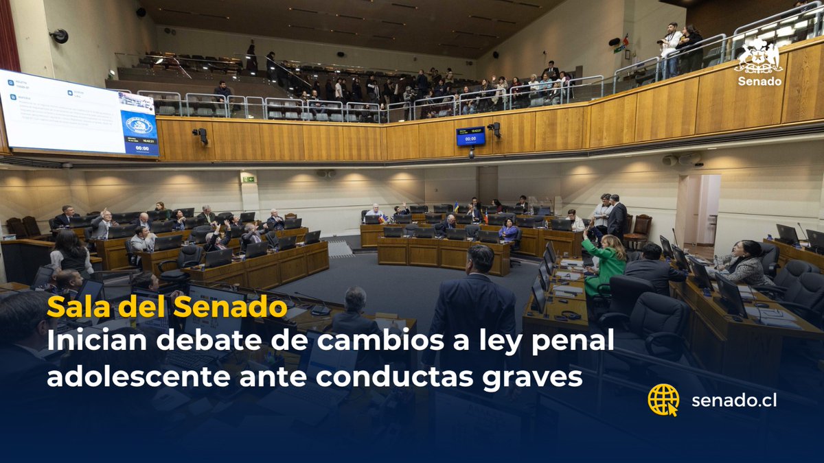 Senado_Chile's tweet photo. ⚖️👥 Debaten justicia juvenil

El Senado inició la discusión de cambios a la ley penal adolescente, con foco en delitos de mayor gravedad.
📌 ¿Qué propone el proyecto?
✅ Sanciones más intensas para casos graves
✅ Nuevas reglas para jóvenes mayores de 16 años
✅ Medidas para reducir la reincidencia
✅ Refuerzo de programas de reinserción