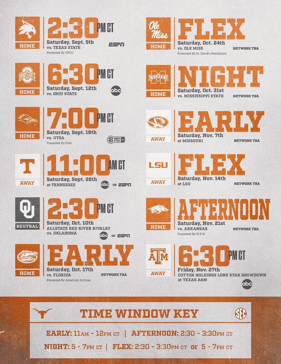 TexasFootball's tweet photo. Mark your calendars, Longhorn Nation!

Kickoff times and TV windows have been announced 🤘 https://t.co/Ee700UxryZ