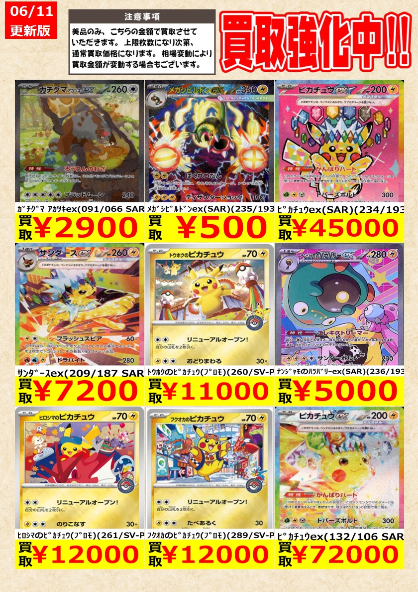 ピカチュウ ホロカード 6枚セット ポケモンカード】 ﾋﾟｶﾁｭｳex(132/106 SAR) ｾﾞｸﾛﾑex(174/086 BWR) 告知