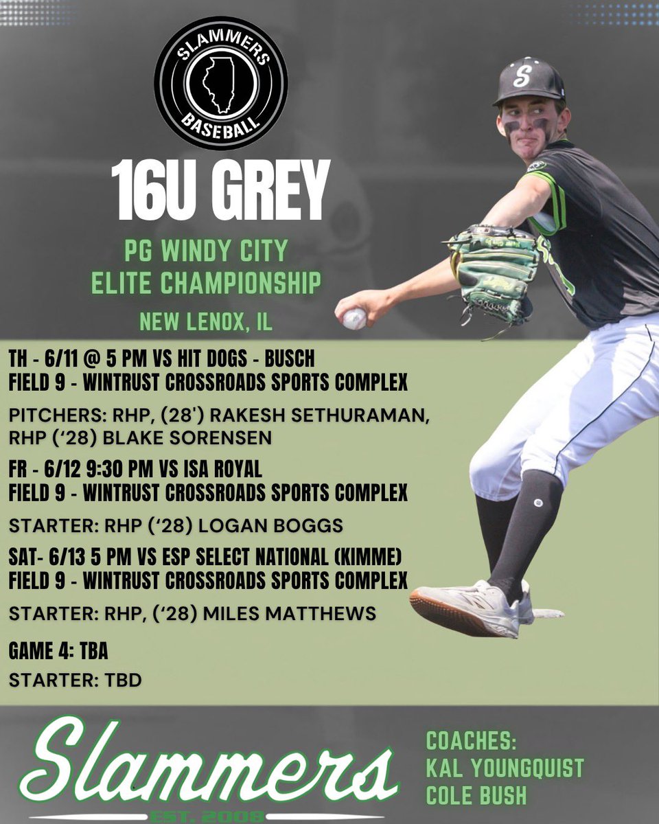 Slammers_IL's tweet photo. 16u Grey (2028’s) are down in New Lenox this weekend at the PG Windy City Elite Championship. 

Here’s their rotation. ⚾️💪🏻 https://t.co/tlxbqOb1C1