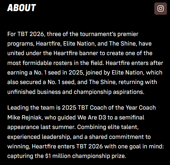 Charge_Nation's tweet photo. Heartfire will be interesting. @WeAreD3TBT Coach Rejniak will be taking the helm. Heartfire and Elite Nation have some great history in @thetournament. Not sure I'd call The Shine premier, but they are chipping in as well. Should be a very strong contender. #TBT2026 https://t.co/jsAy1Ua8Kp