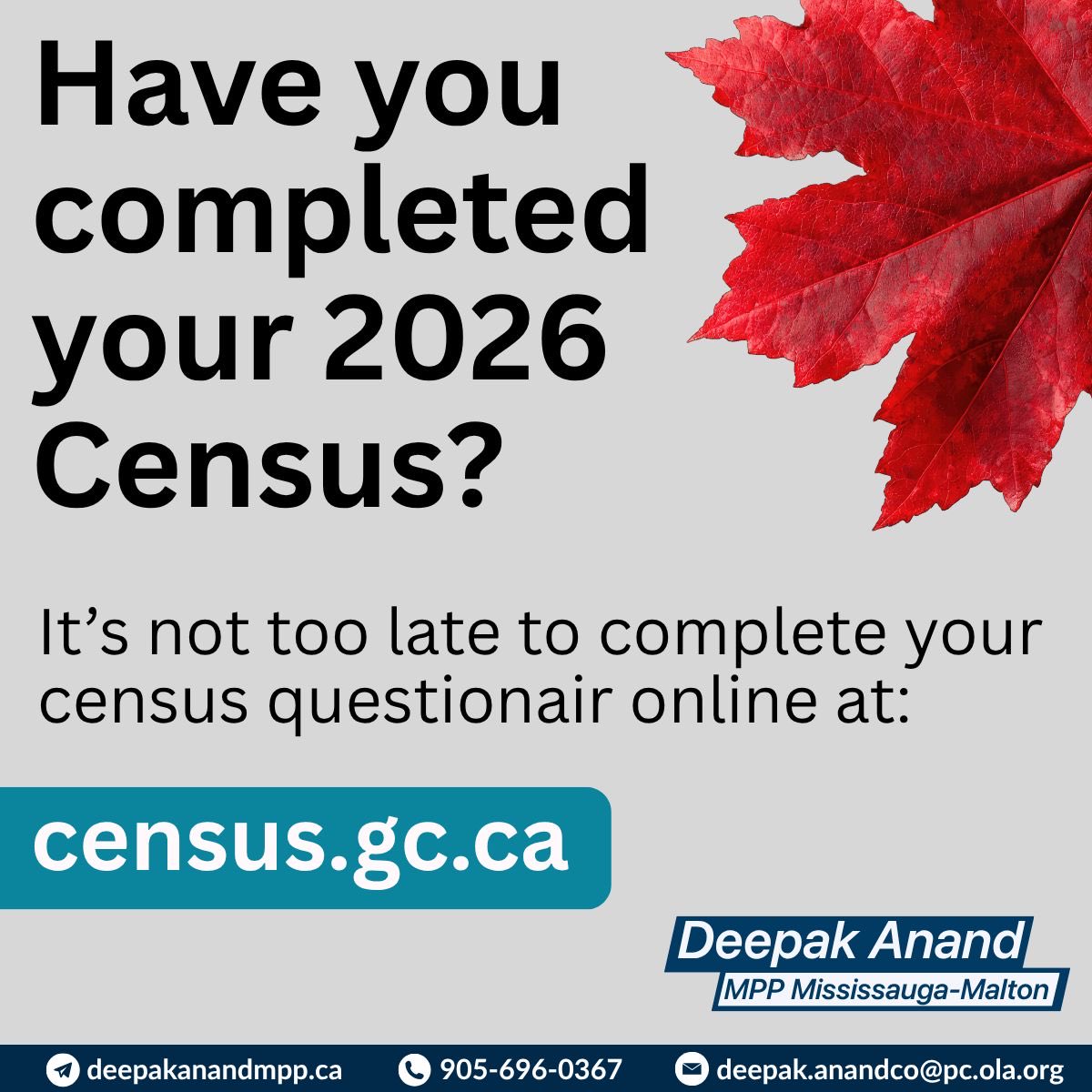 DeepakAnandMPP's tweet photo. Have you filed your census yet?
Whether you're a citizen or not, every Canadian household must fill out a census every 5 years to help governments properly meet the needs of residents!
If you have not submitted yours, there is still time to do it online at https://t.co/A0YV36jCkv https://t.co/Vke3Jh1H3T
