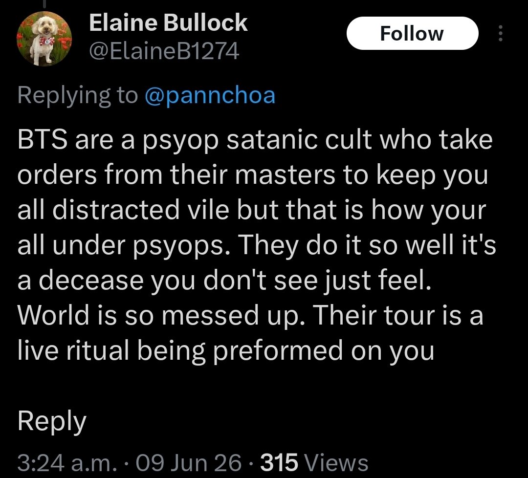 MegaStringbean's tweet photo. OMG Elaine is back with a new account! 😆
For newer ARMY: Elaine is a crazy conspiracy theory woman who for some reason is obsessed with BTS alongside many other people. Just report, don't engage.
But reading her BTS theories is funny 😁 https://t.co/VBQKRnvC1y