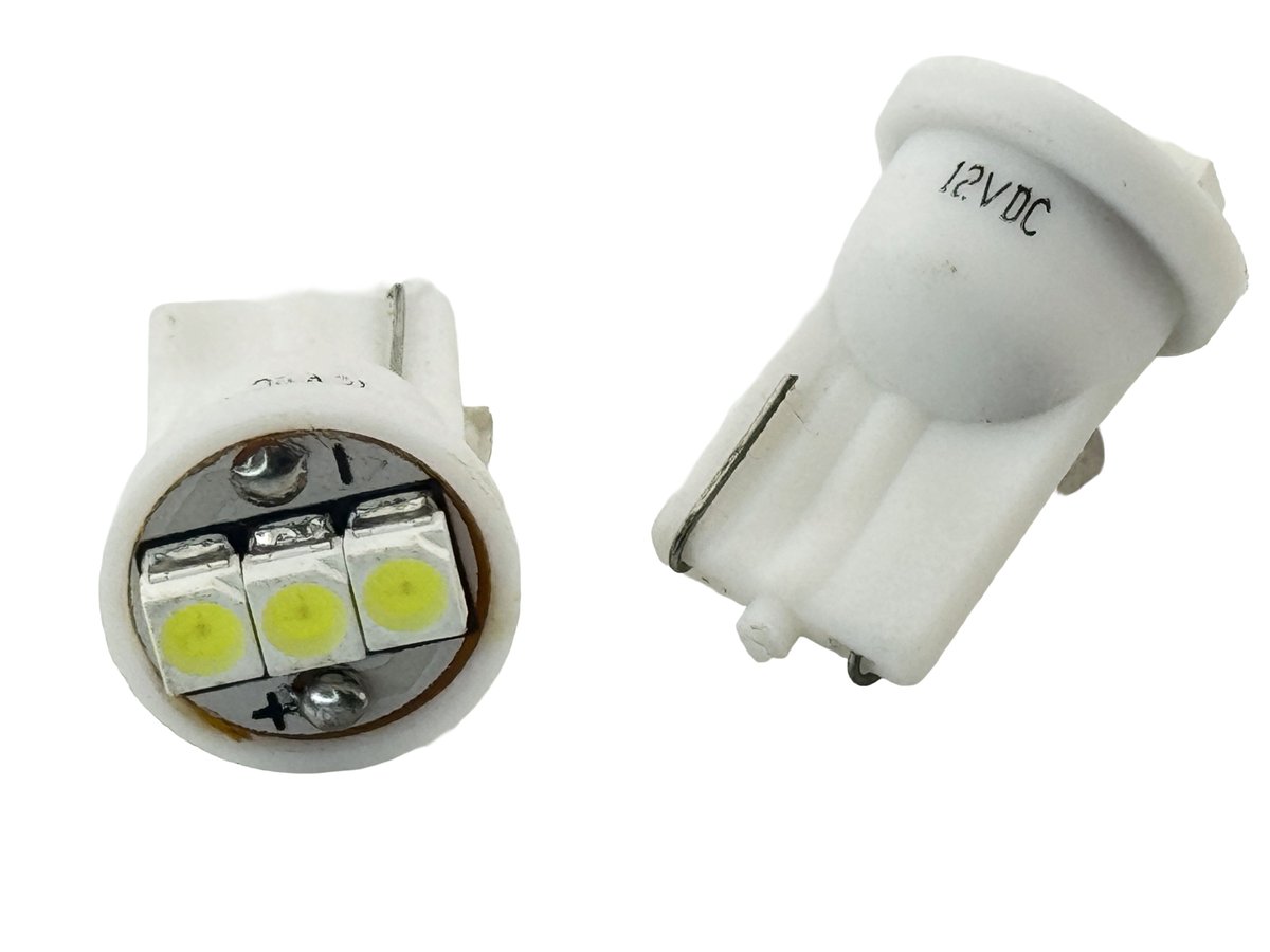 LedLightdotcom's tweet photo. Rebaydo 2pcs 3 SMD 3528 LEDs T10 Wedge LED Lamp 12 VDC delivers bright white output with 3 SMD 3528 LEDs, 0.015A draw at 13.8V, and durable shock-resistant construction. Product Code: 34645. Ideal for T10 automotive lighting. https://t.co/EqG8ZSPXD5 Sales@ledlight.com 1(877) 283-5060
