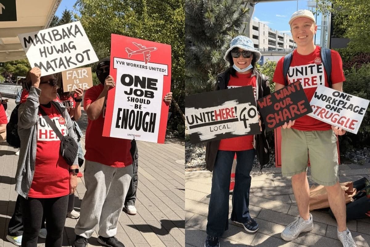 unitehere's tweet photo. ✈️ Earlier this month, YVR Airport concession workers and allies rallied for a $30/hour wage &amp; stronger job security protections for frontline workers as they prepare to welcome the ⚽ 2026 FIFA World Cup. https://t.co/L2SI9PmLIG