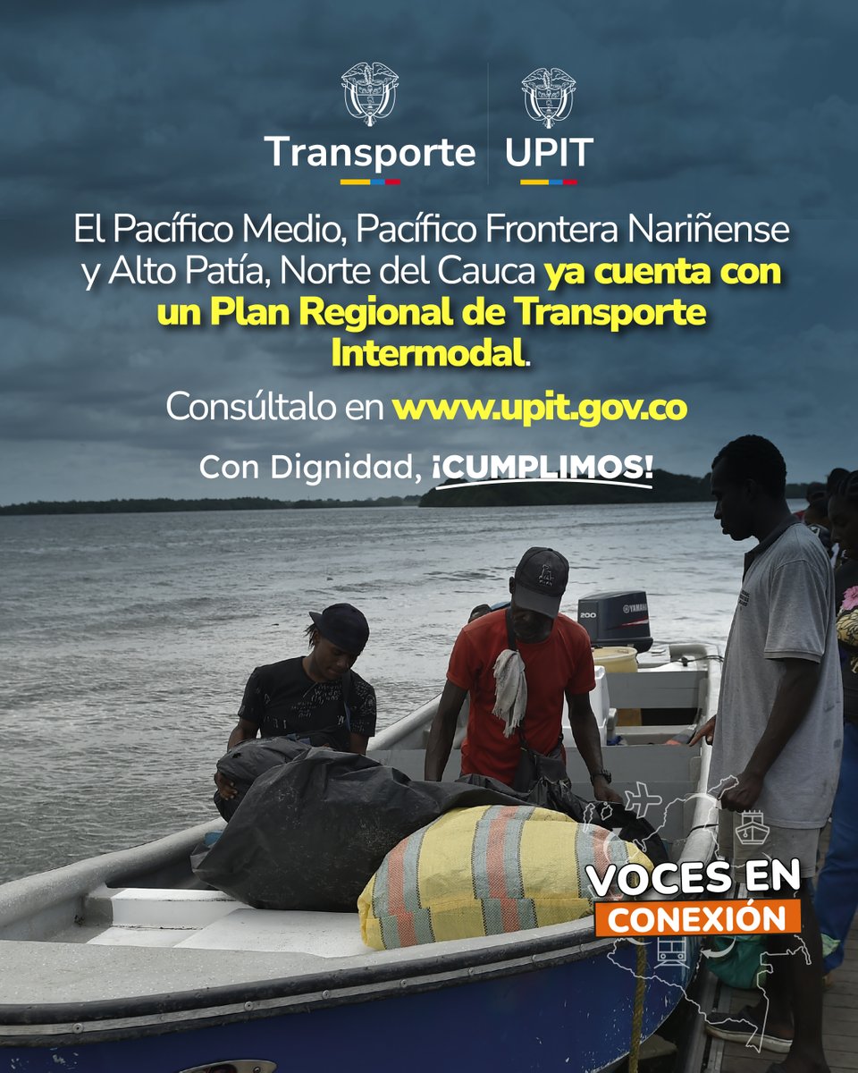 UPIT_Col's tweet photo. El Gobierno Nacional le cumplió a las comunidades del Pacífico Medio, Pacífico Frontera Nariñense y Alto Patía, Norte del Cauca. El Plan Regional de Transporte Intermodal es la hoja de ruta de proyectos de infraestructura de transporte.

Consúltalo en https://t.co/S9qkNExYL9. https://t.co/pndyrlHxm2