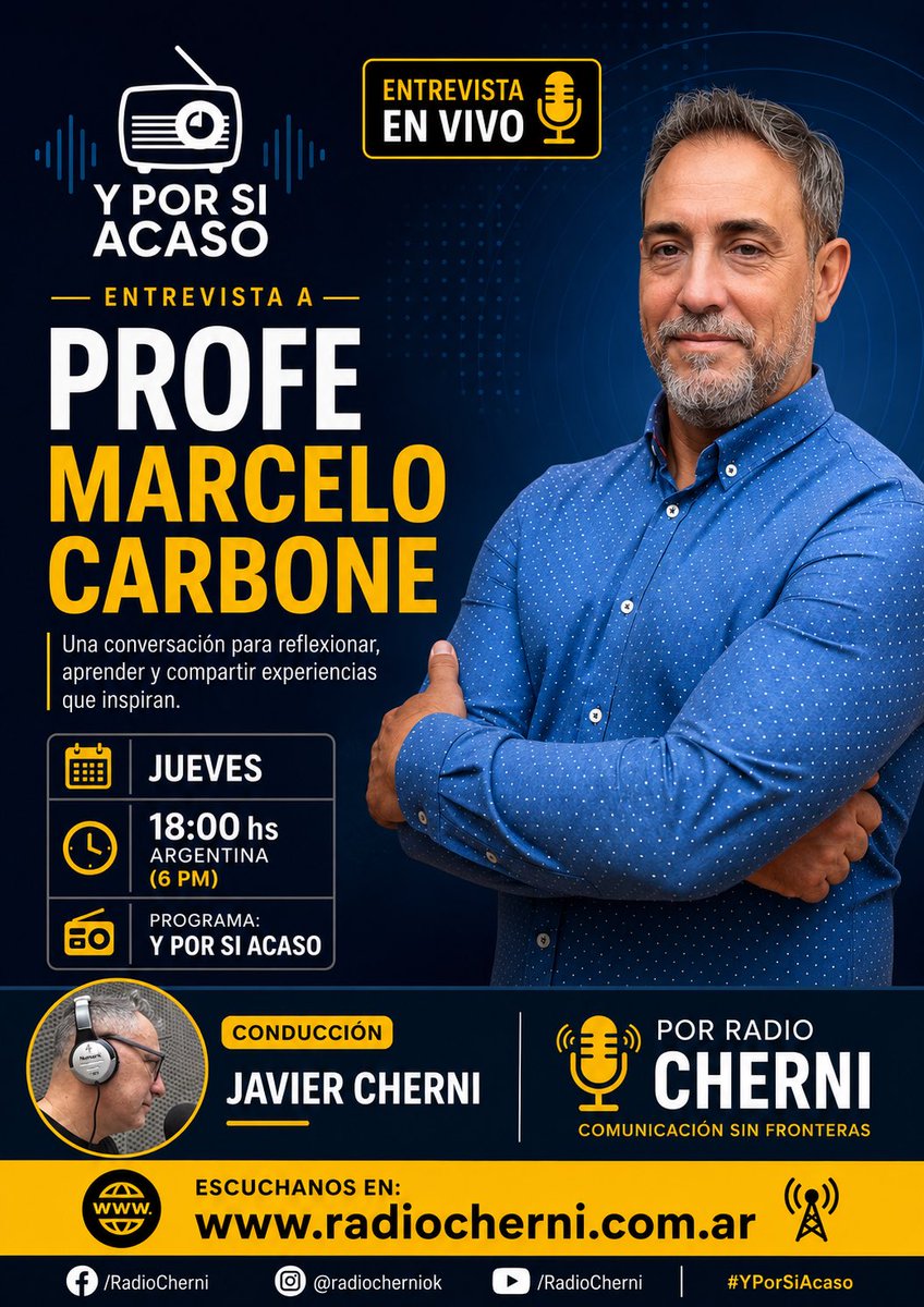 javicherni's tweet photo. Y POR SI ACASO Jueves 18 hs recibiremos al #ProfeCARBONE con la conducción 🎙️ @javicherni 
Los/as esperamos en casa en @RadioCherni 📻

🌐 https://t.co/WDSZIJ80bK https://t.co/SZ8embzGtV