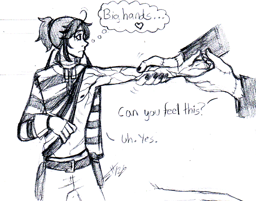 The_Kat_Warrior's tweet photo. Sketch that I like too much to put in a sketch dump. Subtle Perluca with Percy's checking out Luca's messed up arm. Luca is understandably distracted. #identityv #idvpercy #idvundead #lucabalsa https://t.co/VkuXhjNhcq