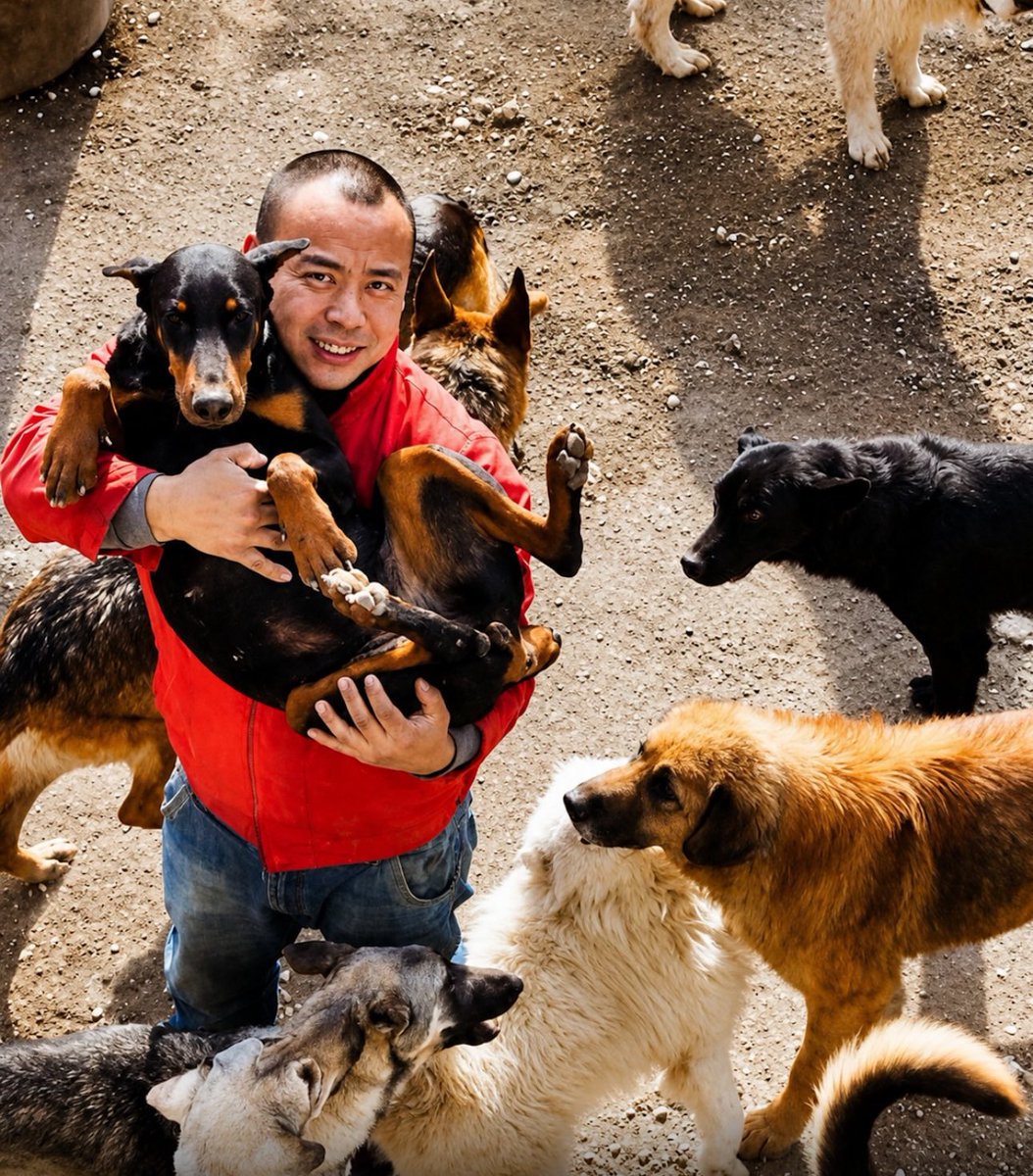 Puppieslover's tweet photo. This Chinese Millionaire Business Man went broke spending all his Money to save dog from slaughter houses. He saved 2000 plus dog from slaughter houses around China https://t.co/g1KSwCM735