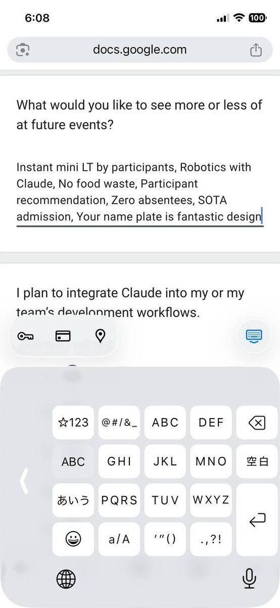 kakimo_ebi's tweet photo. Code w/ Claude Tokyo のフィードバック書いた。次回やってほしいこと：参加者ミニLT、Robotics with Claude、No food waste、入場改善、欠席者ゼロ、名前プレートのデザイン最高でした👏 #CodeWithClaude https://t.co/8p81ruuRlT