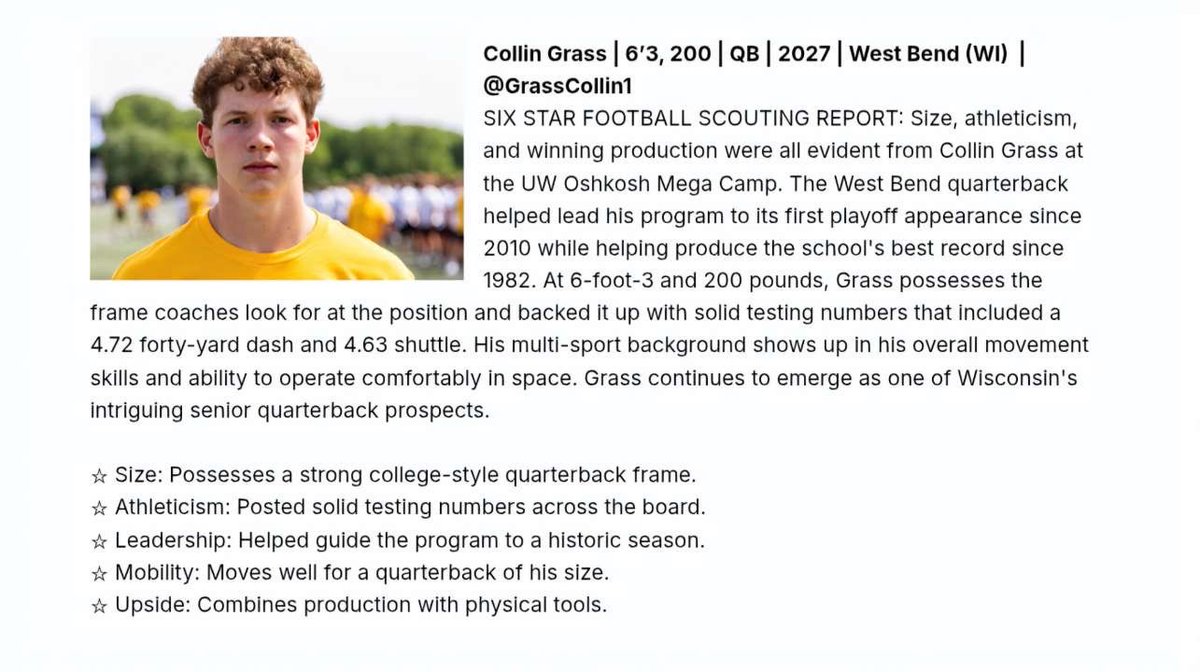 GrassCollin1's tweet photo. Thank you @sixstarfootball for the write up after a great camp!

@WBW_Football @ripplinger_t @WSU_CoachMiller @CoachDrew18 @CoachGuiton @CoachChaseKing @Coach_Enderson @Swannyfootball @jakob_thut @CoachCadenMurph @CoachKMivo @coreymcd12 @PeteyBananas @CoachParling https://t.co/u8EGRSGGnV