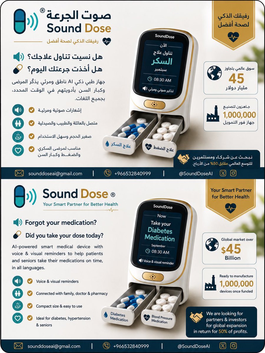 SoundDoseAi's tweet photo. جهاز حصري
مسجل IP© |  SoundDose |

* صوت الجرعة © ️
• جهاز طبي AI حصري بكل اللغات
• رفيق كبار السن والمرضى المزمنين
• صوتيًا لتناول أدويتهم في الوقت المحدد. 
• سوق عالمي يتجاوز 45 مليار دولار،

• نقدم 50% من الارباح مقابل تمويل التصنيع والتوسع العالمي، 
 للشراكة و الاستثمار NDA :
 info@shheer.com
sounddoseai@gmail.com
  966532840999+
@SoundDoseAI

#اصنع_في_الإمارات #اصنع_مع_ادنوك #الذكاء_الاصطناعي #التقنية #الصحة #السعودية #دبي #ابوظبي #قطر #وزارة_الصحة #الصحة #الامارات #تمويل #شريك_ممول #منتجات_طببة #MinistryOfHeal #MOH #Health #HealthyLifestyle #HealthAwareness #StayHealthy #Wellness #Healthcare #Healthcare #AI #MinistryOfHealth #Startup #MedicalDevice #SaudiArabia #Healthcare #PublicHealth