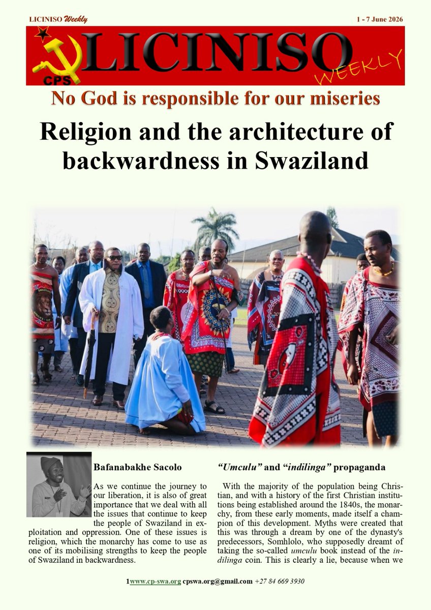 CPSwaziland's tweet photo. Liciniso weekly 

No God is responsible for our miseries : Religion and the architecture of backwardness in Swaziland. https://t.co/sCfasvyWDD