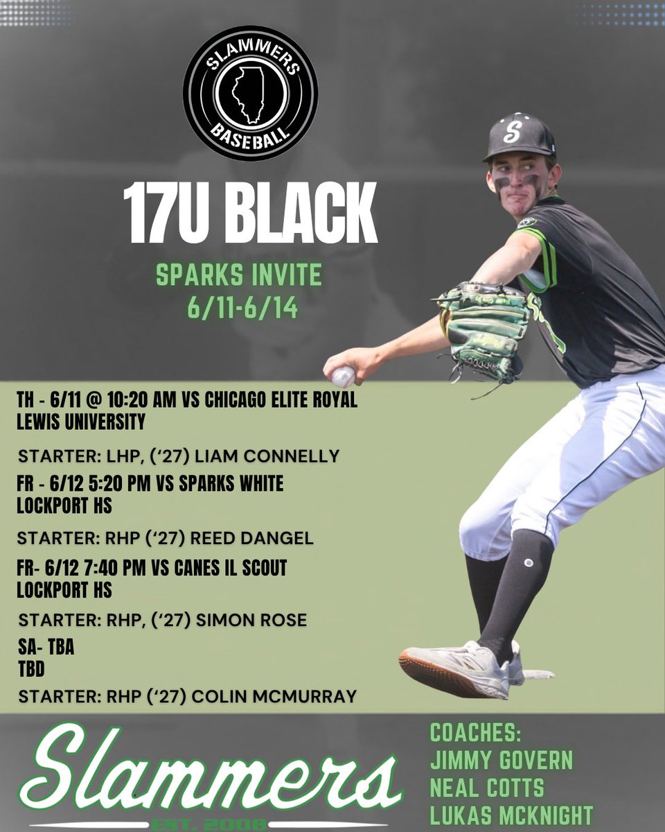 Slammers_HS_IL's tweet photo. Both our 17u (2027’s) are at the Sparks Invite this weekend which kicks off tomorrow. 

Rotations for both of those teams are set! 💪🏻⚾️

#EarnIT #WEoverme #DominateTheDetails #2027Arms #2027baseballclass https://t.co/Dz6To8WFp3