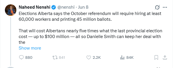 Martyupnorth's tweet photo. You know the NDP are losing their mind, when their leader is upset about hiring 60,000 government employees.

And for the record, there's 2.9 million eligible voters in Alberta,  At best we'll need 18 million ballots. https://t.co/YkGr1fQSD7