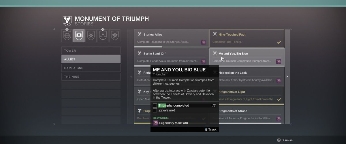 PaulTassi's tweet photo. Alright:

- Finish any seven of the "top left hand" triumphs in the top left of the subcategories
- Go to Tower where there will be a cutscene prompt
- That unlocks an Allies Triumph you need to claim
- Portal will open in EDZ Dark Forest to Travelers' Shard (read ship Shiro lore in the season pass for context)
- Marvel in horror and wonder at the story we were heading toward, but will never see