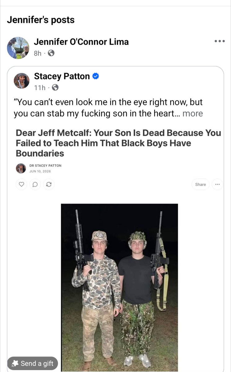 Nicoletta0602's tweet photo. Rhode Island School Cmte member Jen Lima posted a letter to Austin Metcalf's dad:

"Your Son Is Dead Because You Failed To Teach Him That Black Boys Have Boundaries"

Incredible victim-blaming of a child brutally murdered in cold blood. 

No humanity, all ideology. She shouldn't even be near children.