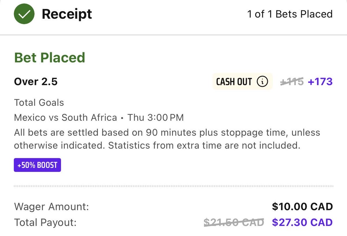 SPGGambling's tweet photo. 50% World Cup Boost 🚀 

Mexico vs South Africa

🆓 ✅ $1.19 https://t.co/mJYVBsgat6